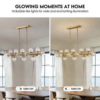 16 Lights Gold Rectangle Chandelier with Clear Glass Globes for Kitchen Island(No Bulbs Included)