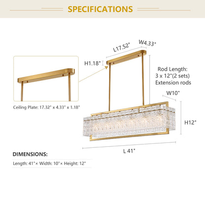 41 in. Modern 6-Light Gold Rectangle Ripple Glass Linear Chandelier Adjustable Height for Dining Room No Bulbs Included