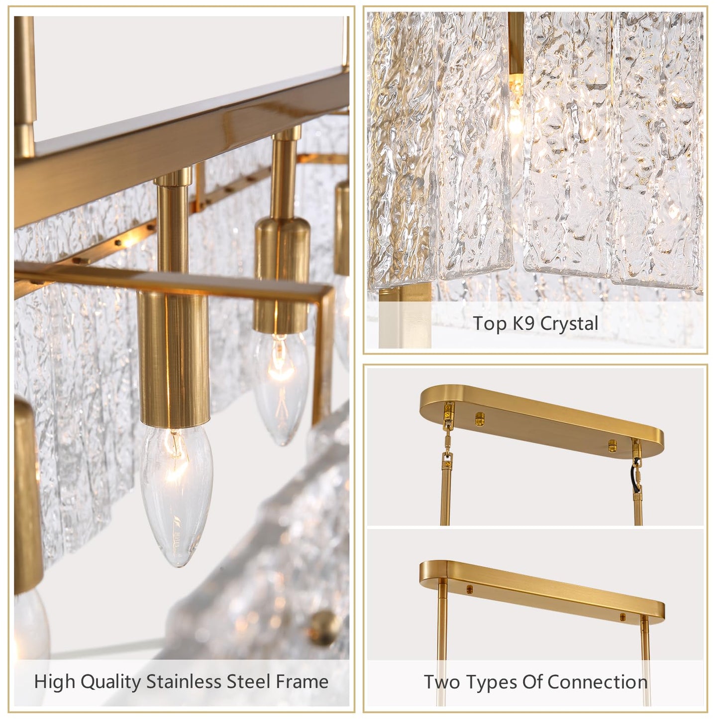 41 in. Modern 6-Light Gold Rectangle Ripple Glass Linear Chandelier Adjustable Height for Dining Room No Bulbs Included