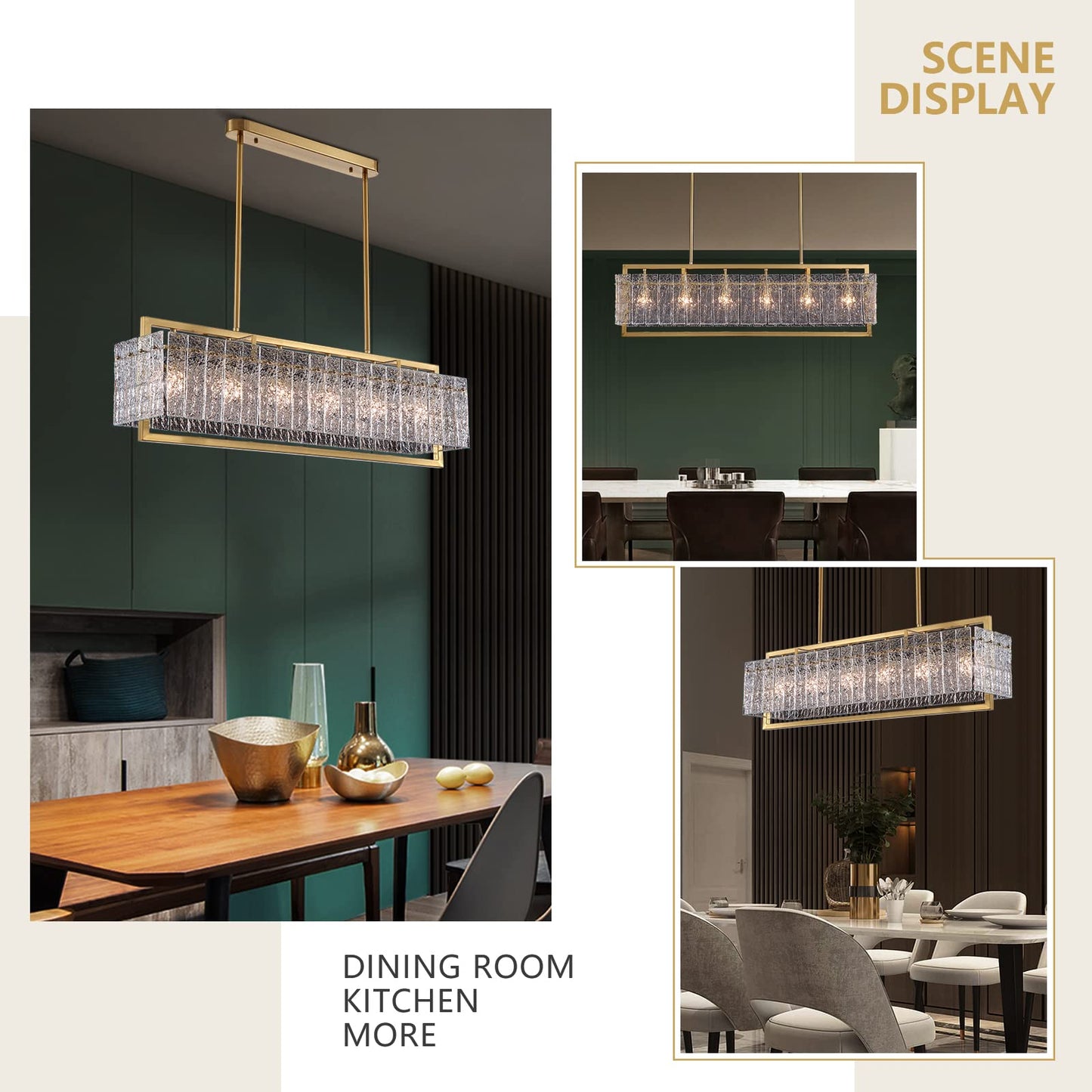 41 in. Modern 6-Light Gold Rectangle Ripple Glass Linear Chandelier Adjustable Height for Dining Room No Bulbs Included