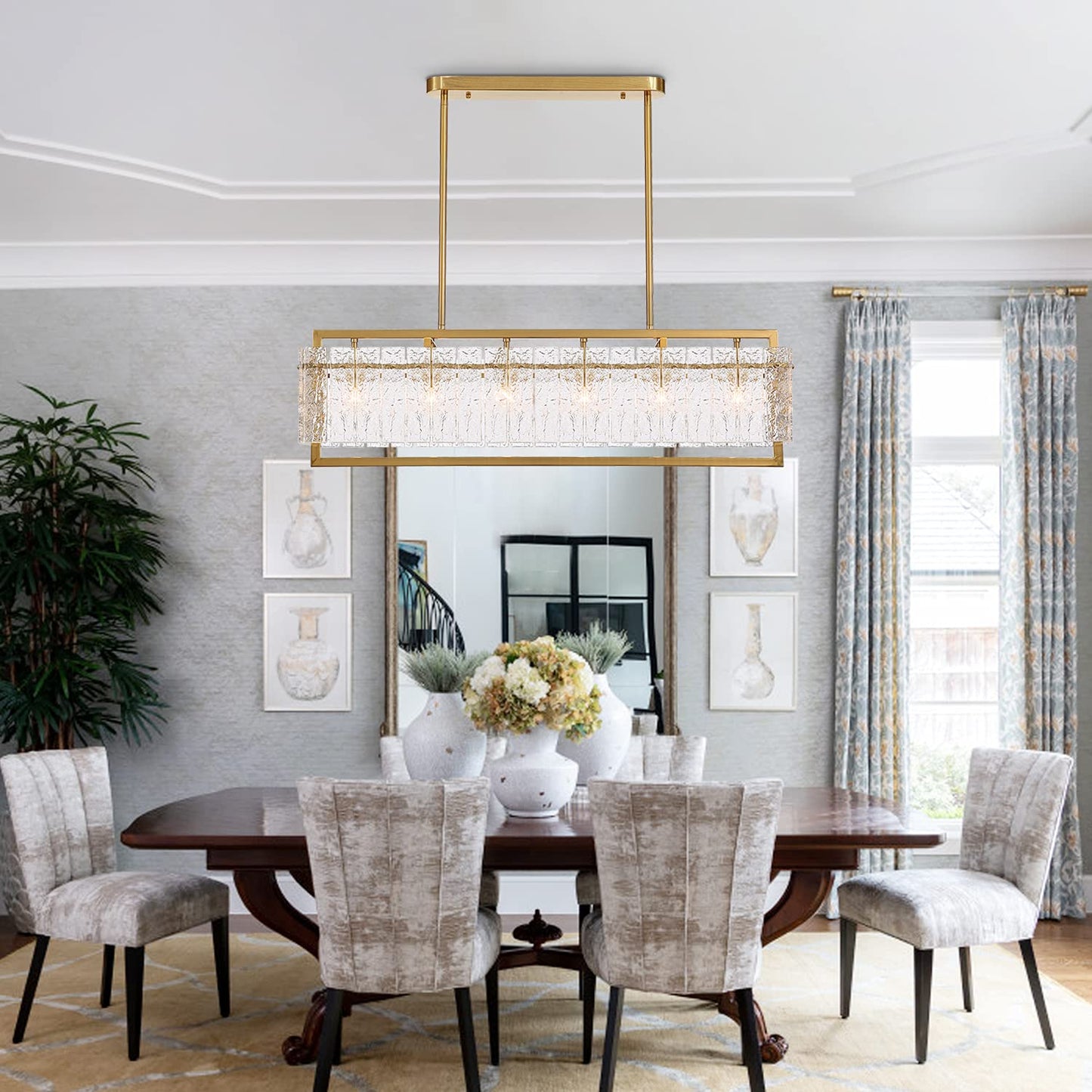41 in. Modern 6-Light Gold Rectangle Ripple Glass Linear Chandelier Adjustable Height for Dining Room No Bulbs Included