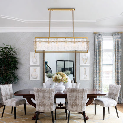 41 in. Modern 6-Light Gold Rectangle Ripple Glass Linear Chandelier Adjustable Height for Dining Room No Bulbs Included