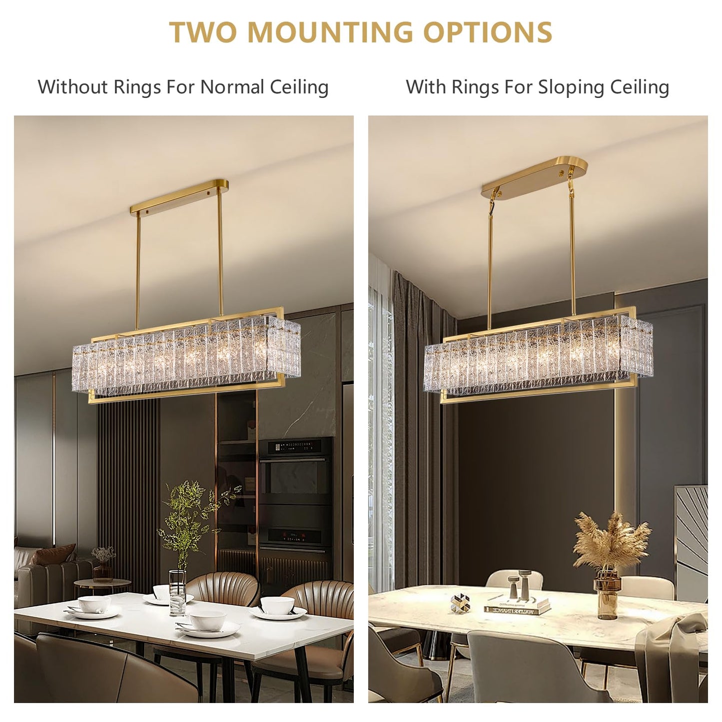 41 in. Modern 6-Light Gold Rectangle Ripple Glass Linear Chandelier Adjustable Height for Dining Room No Bulbs Included