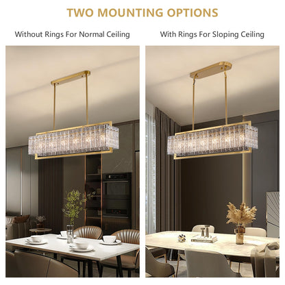 41 in. Modern 6-Light Gold Rectangle Ripple Glass Linear Chandelier Adjustable Height for Dining Room No Bulbs Included