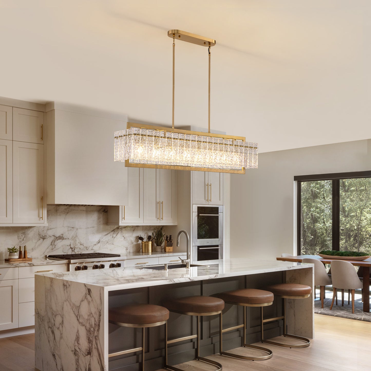 Modern 8-Light Gold Rectangle Ripple Glass Luxury Linear Chandelier for Dining Room with no bulbs included