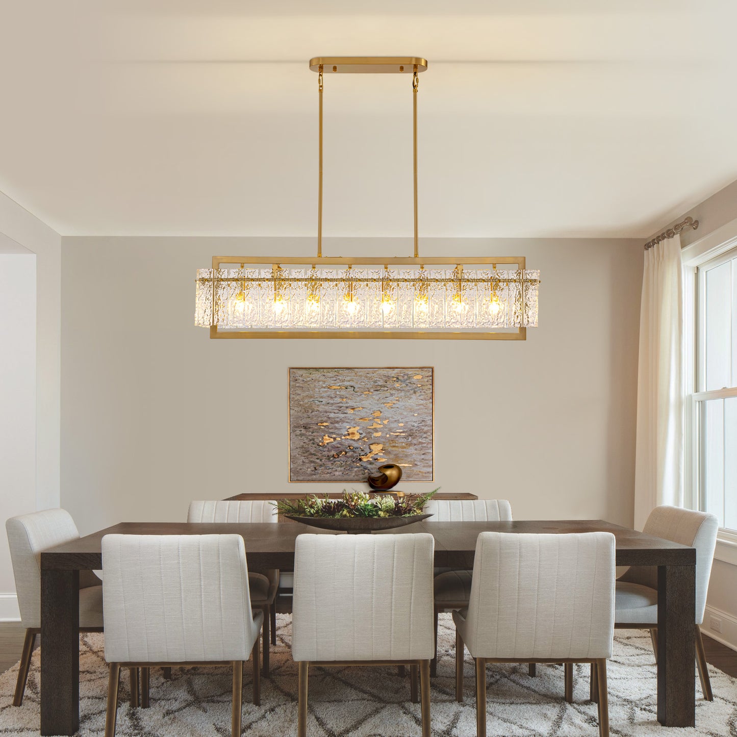 Modern 8-Light Gold Rectangle Ripple Glass Luxury Linear Chandelier for Dining Room with no bulbs included