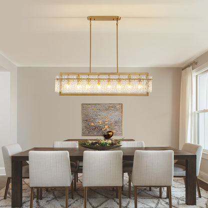 Modern 8-Light Gold Rectangle Ripple Glass Luxury Linear Chandelier for Dining Room with no bulbs included