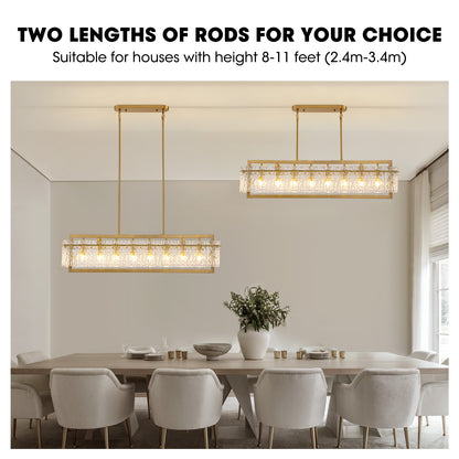 Modern 8-Light Gold Rectangle Ripple Glass Luxury Linear Chandelier for Dining Room with no bulbs included