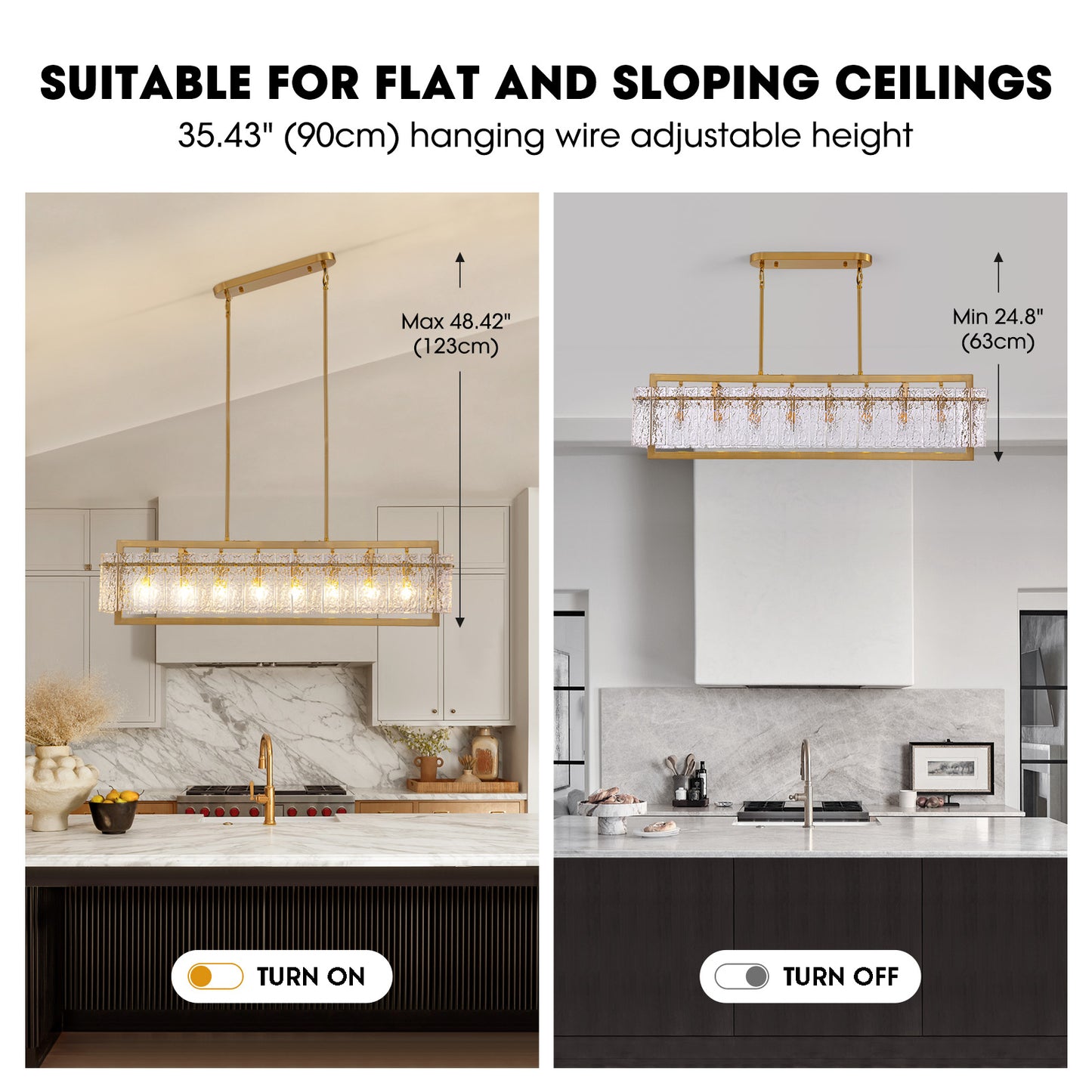 Modern 8-Light Gold Rectangle Ripple Glass Luxury Linear Chandelier for Dining Room with no bulbs included