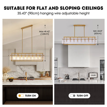 Modern 8-Light Gold Rectangle Ripple Glass Luxury Linear Chandelier for Dining Room with no bulbs included