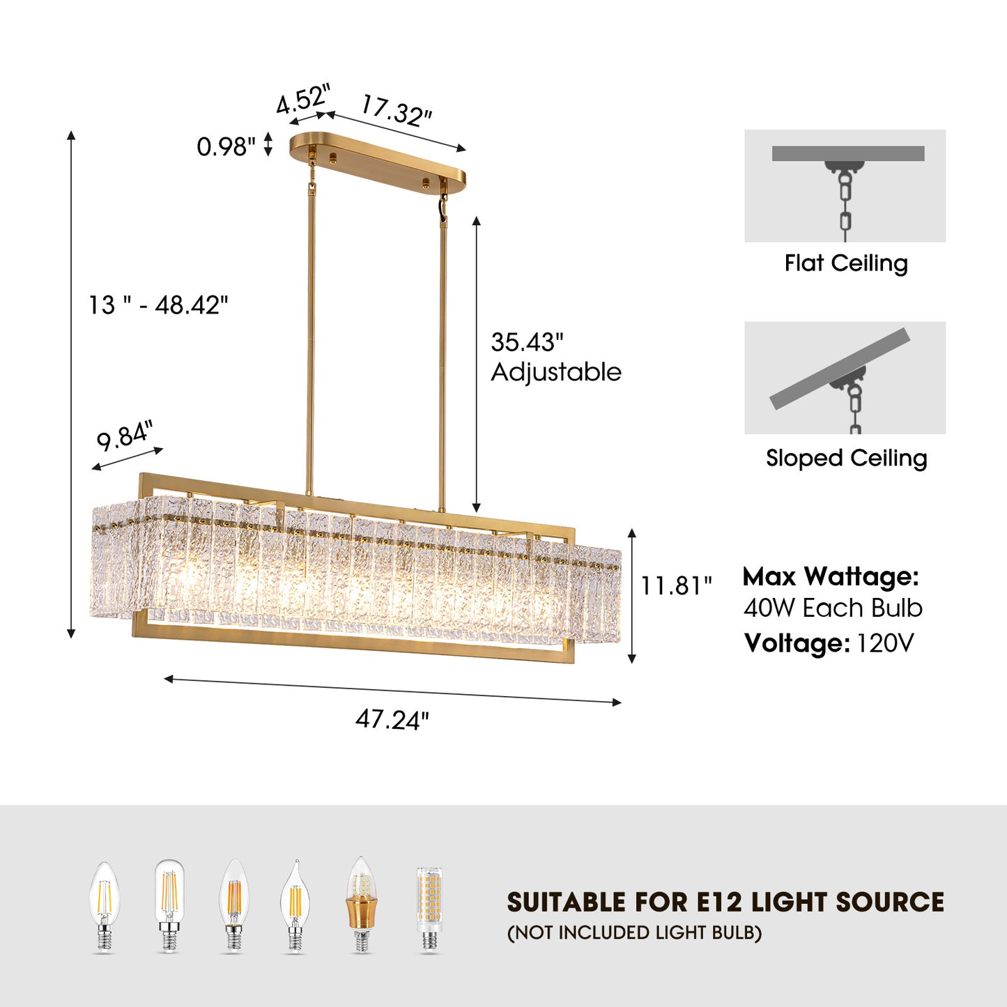 Modern 8-Light Gold Rectangle Ripple Glass Luxury Linear Chandelier for Dining Room with no bulbs included
