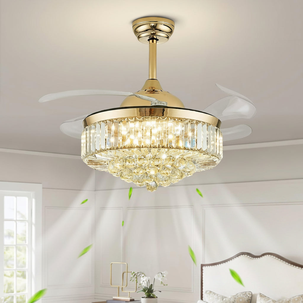 42 in. Modern Downrod Mount Indoor Retractable Fandelier Gold Crystal Ceiling Fan with Integrated LED and Remote/APP