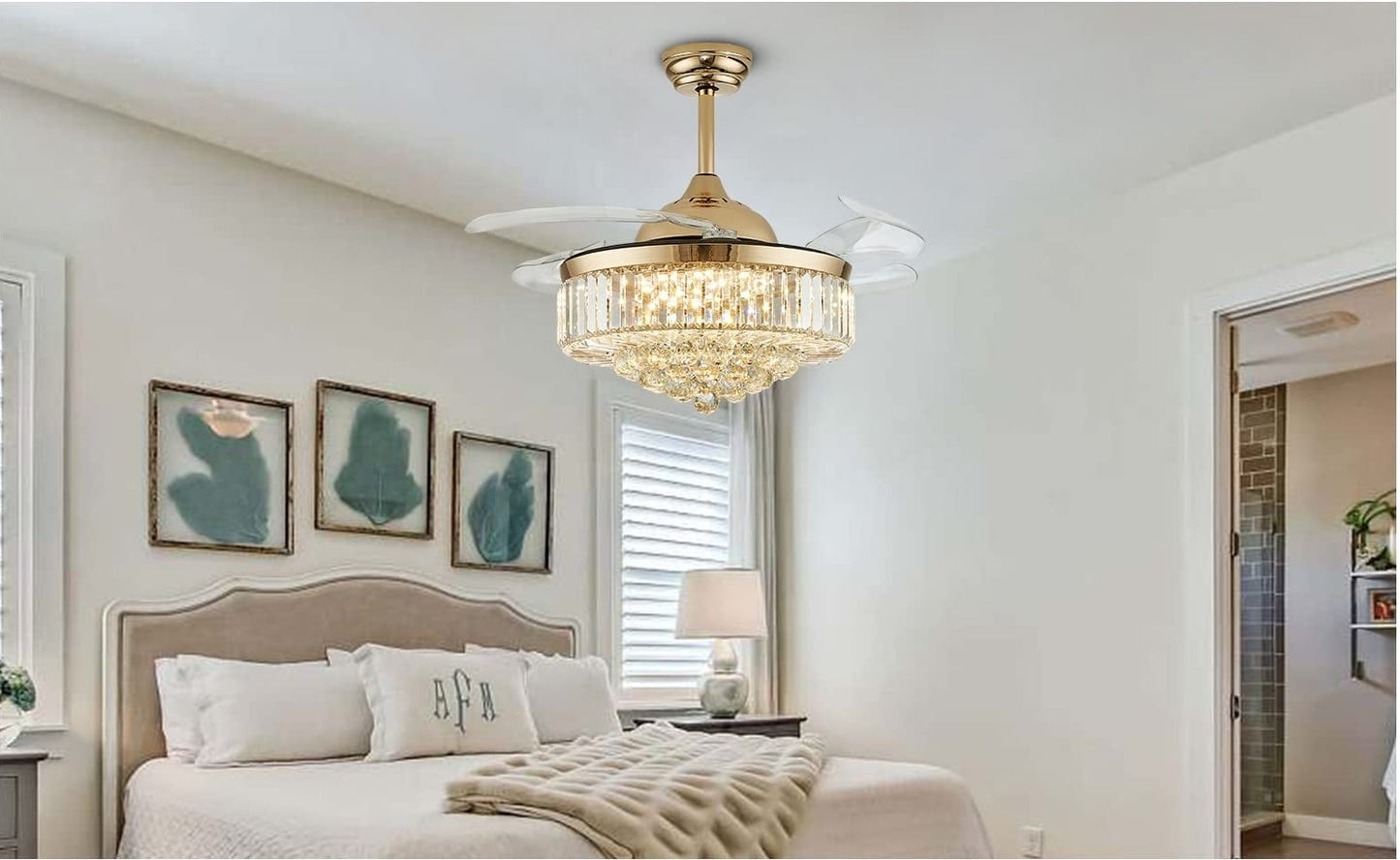 42 in. Modern Downrod Mount Indoor Retractable Fandelier Gold Crystal Ceiling Fan with Integrated LED and Remote/APP