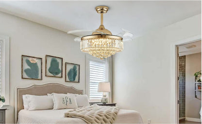 42 in. Modern Downrod Mount Indoor Retractable Fandelier Gold Crystal Ceiling Fan with Integrated LED and Remote/APP