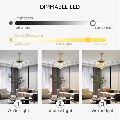 42 in. Modern Downrod Mount Indoor Retractable Fandelier Gold Crystal Ceiling Fan with Integrated LED and Remote/APP
