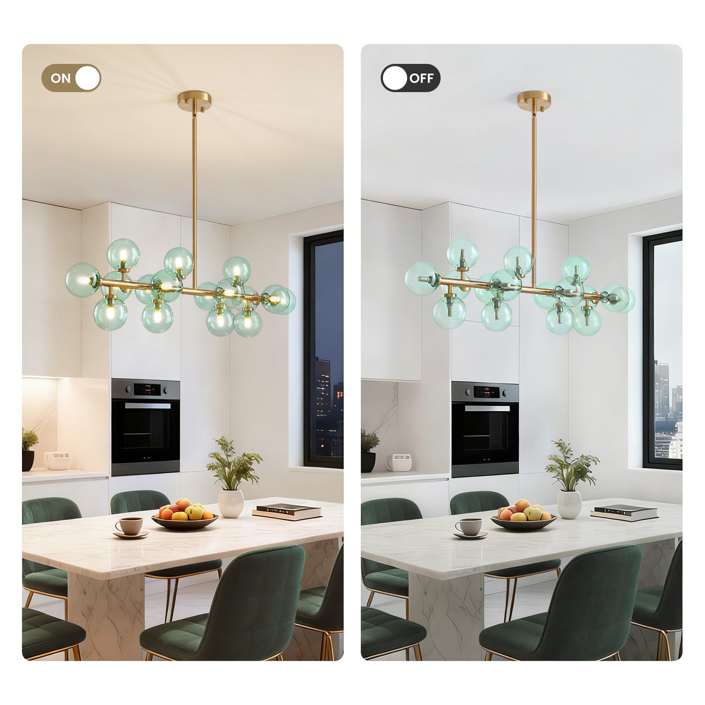 Mid Century Modern Green Glass Gold Linear Sputnik Chandelier for Kitchen Island Dining Room