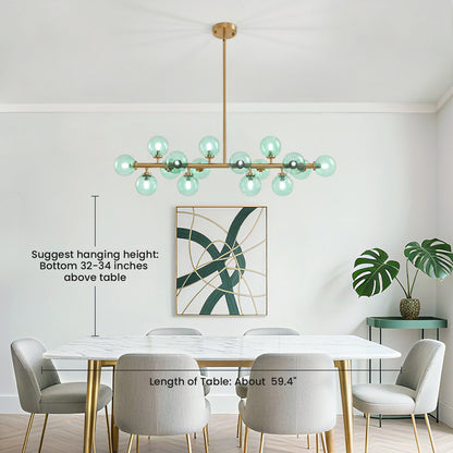 Mid Century Modern Green Glass Gold Linear Sputnik Chandelier for Kitchen Island Dining Room