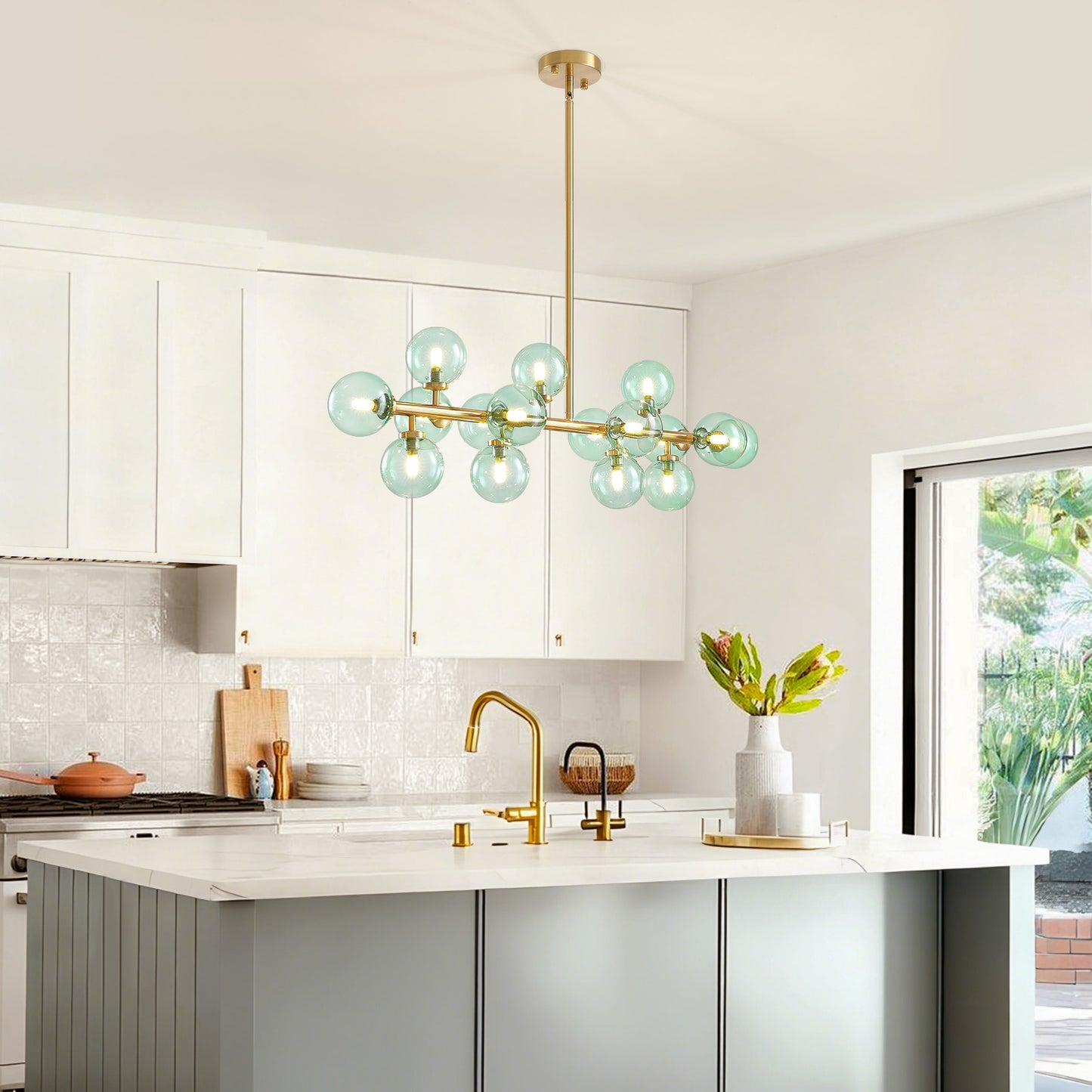 Mid Century Modern Green Glass Gold Linear Sputnik Chandelier for Kitchen Island Dining Room