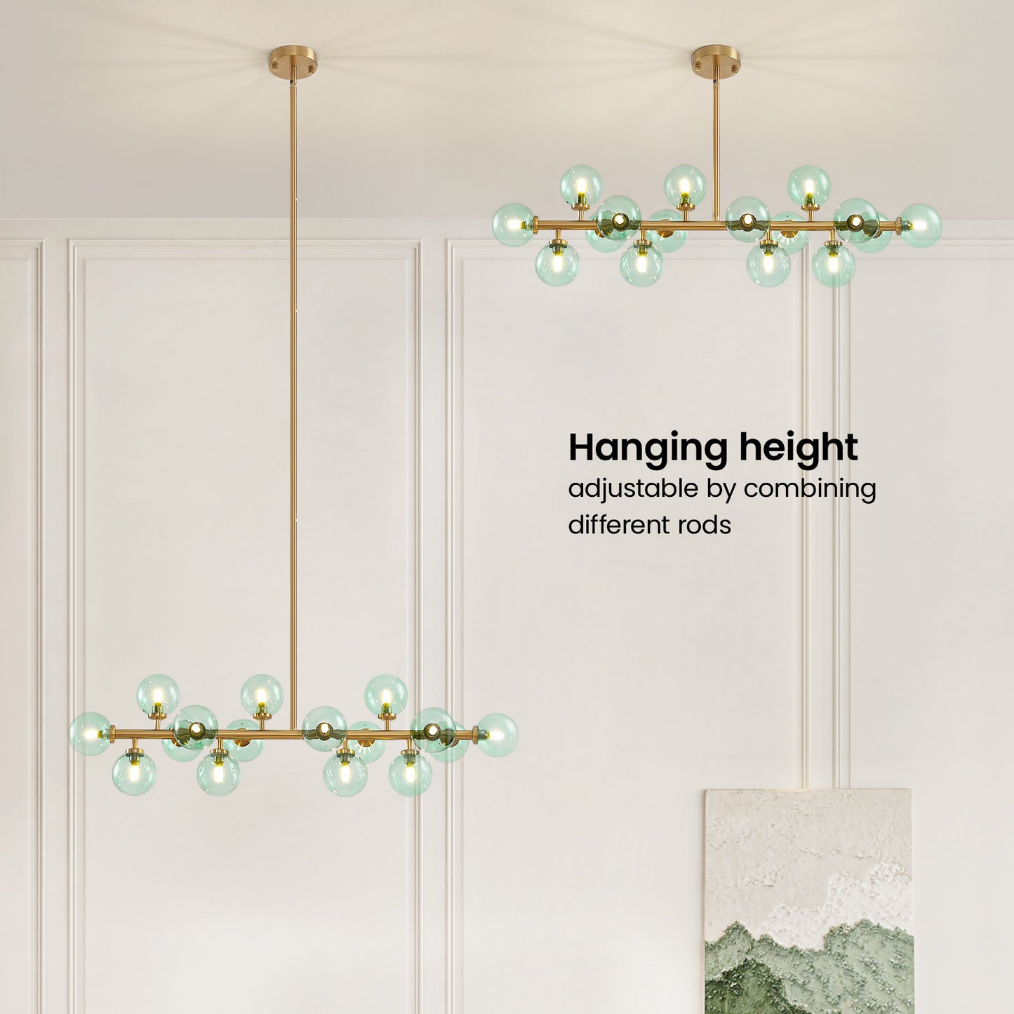 Mid Century Modern Green Glass Gold Linear Sputnik Chandelier for Kitchen Island Dining Room