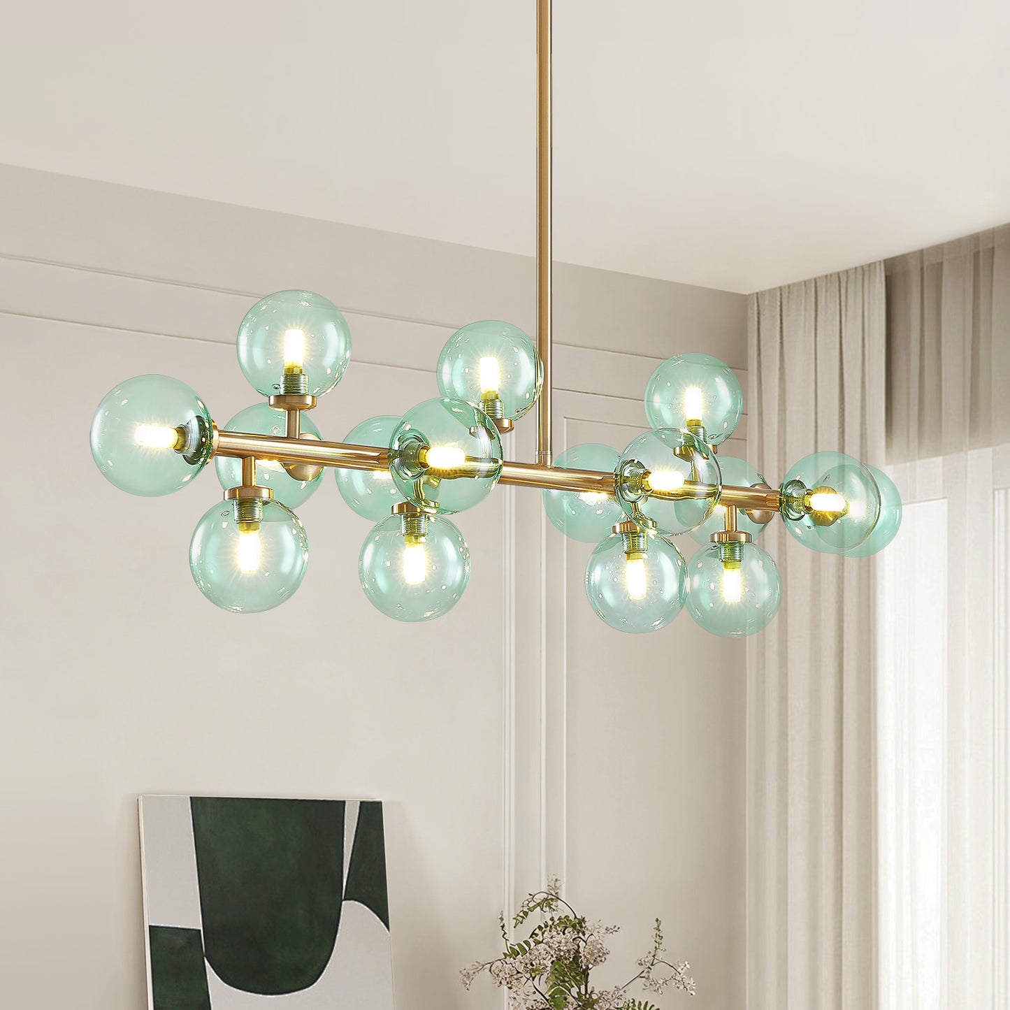 Mid Century Modern Green Glass Gold Linear Sputnik Chandelier for Kitchen Island Dining Room