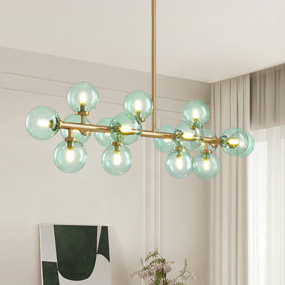 Mid Century Modern Green Glass Gold Linear Sputnik Chandelier for Kitchen Island Dining Room