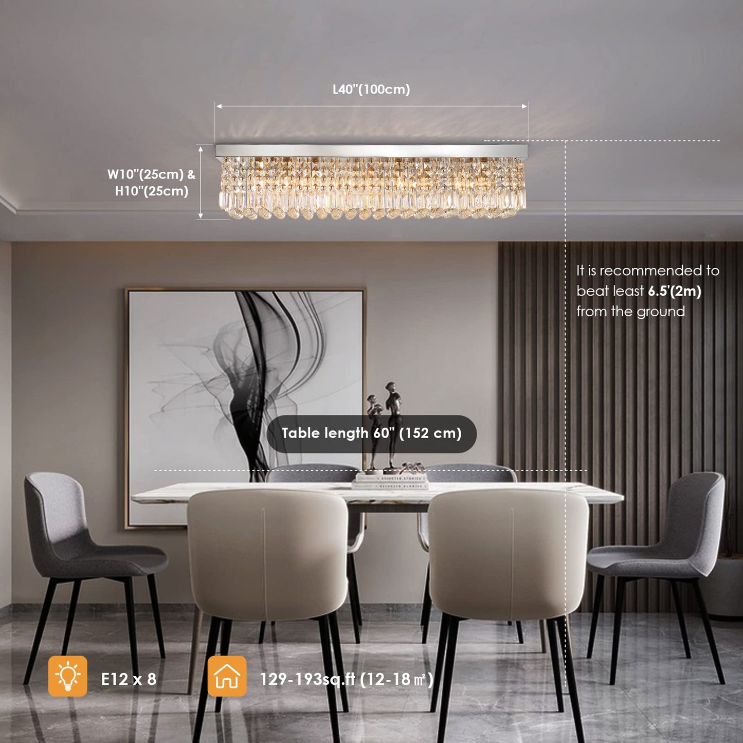 8-Lights Rectangle Crystal Chandelier Flush Mount Ceiling Light