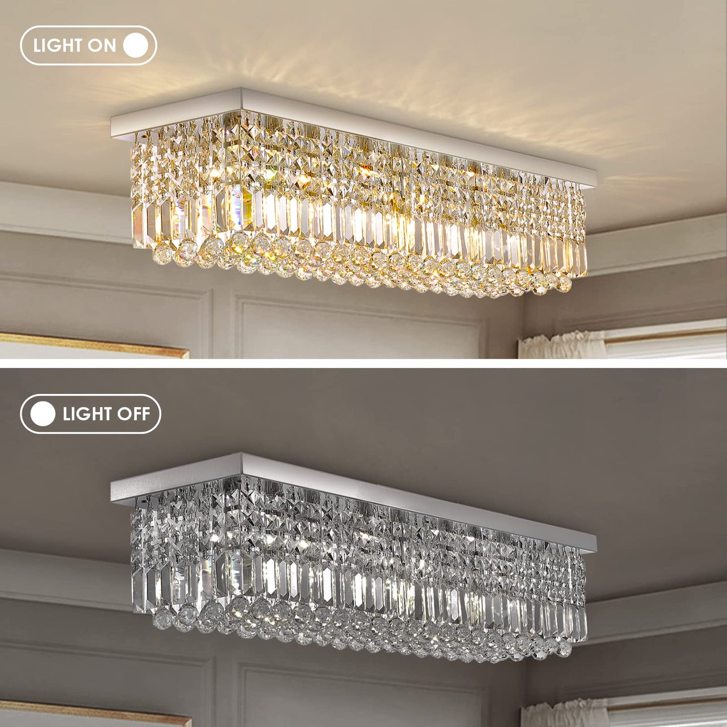 8-Lights Rectangle Crystal Chandelier Flush Mount Ceiling Light