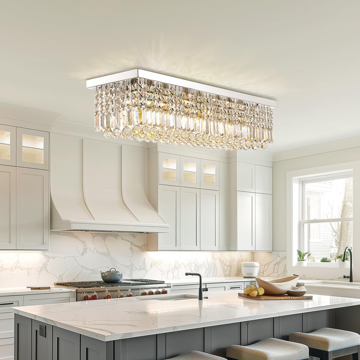 8-Lights Rectangle Crystal Chandelier Flush Mount Ceiling Light