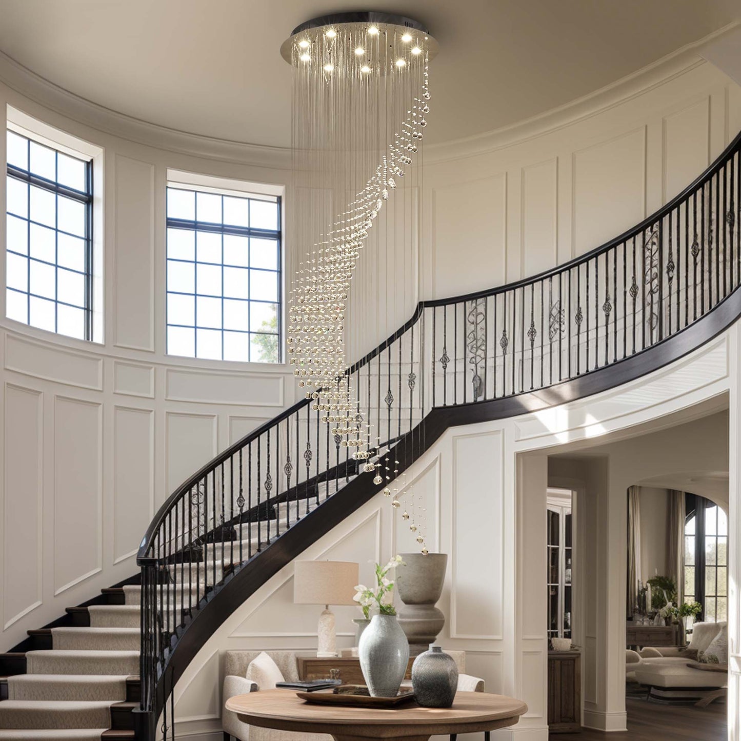 10-Lights Modern Dimming Raindrop Clear Crystals Spiral Staircase Chandelier for Staircases Villas Entryway
