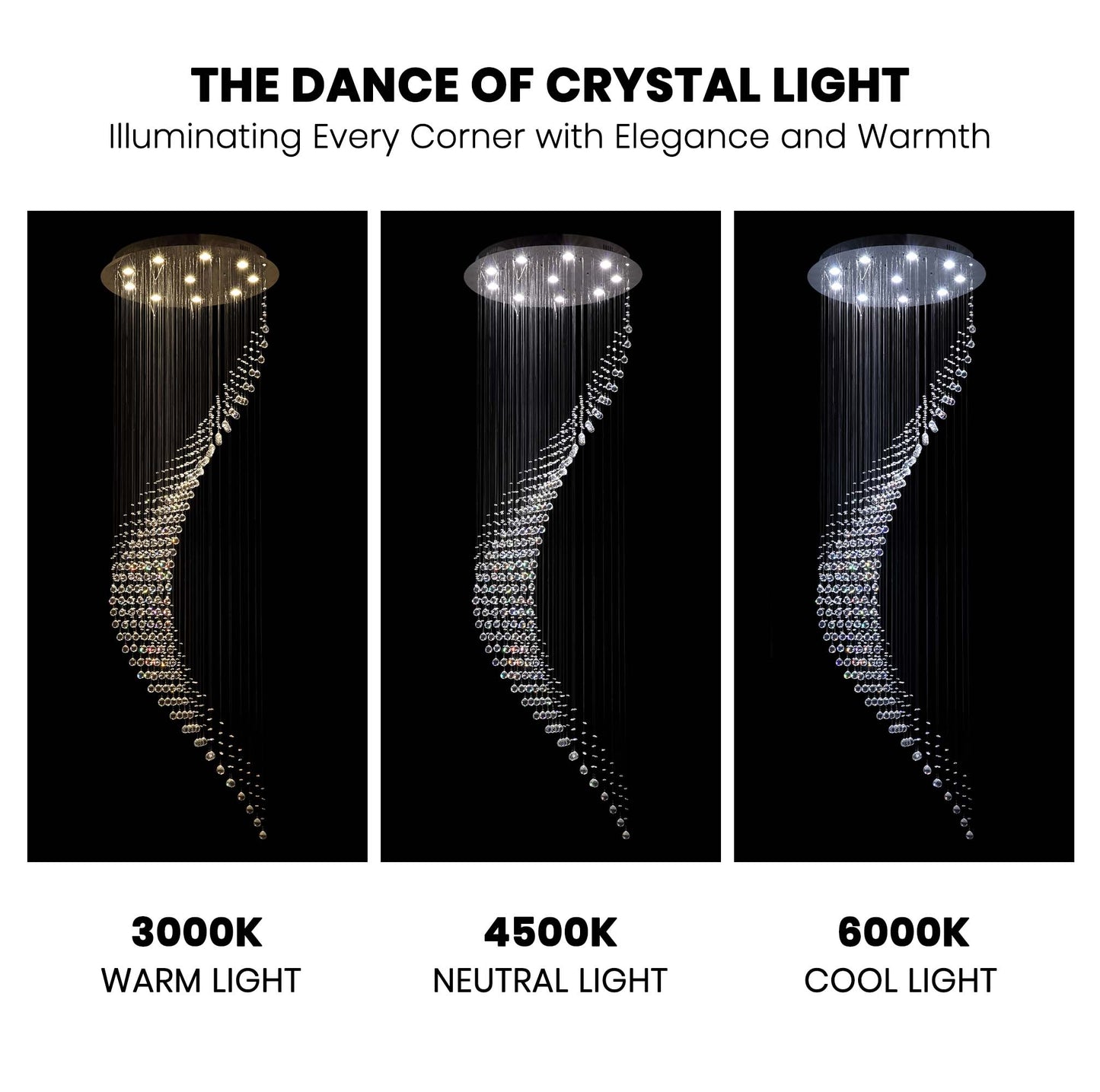10-Lights Modern Dimming Raindrop Clear Crystals Spiral Staircase Chandelier for Staircases Villas Entryway