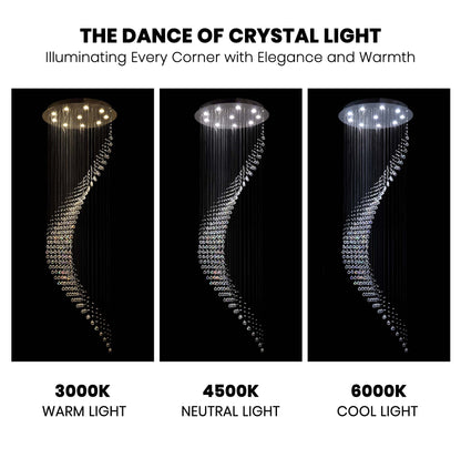 10-Lights Modern Dimming Raindrop Clear Crystals Spiral Staircase Chandelier for Staircases Villas Entryway
