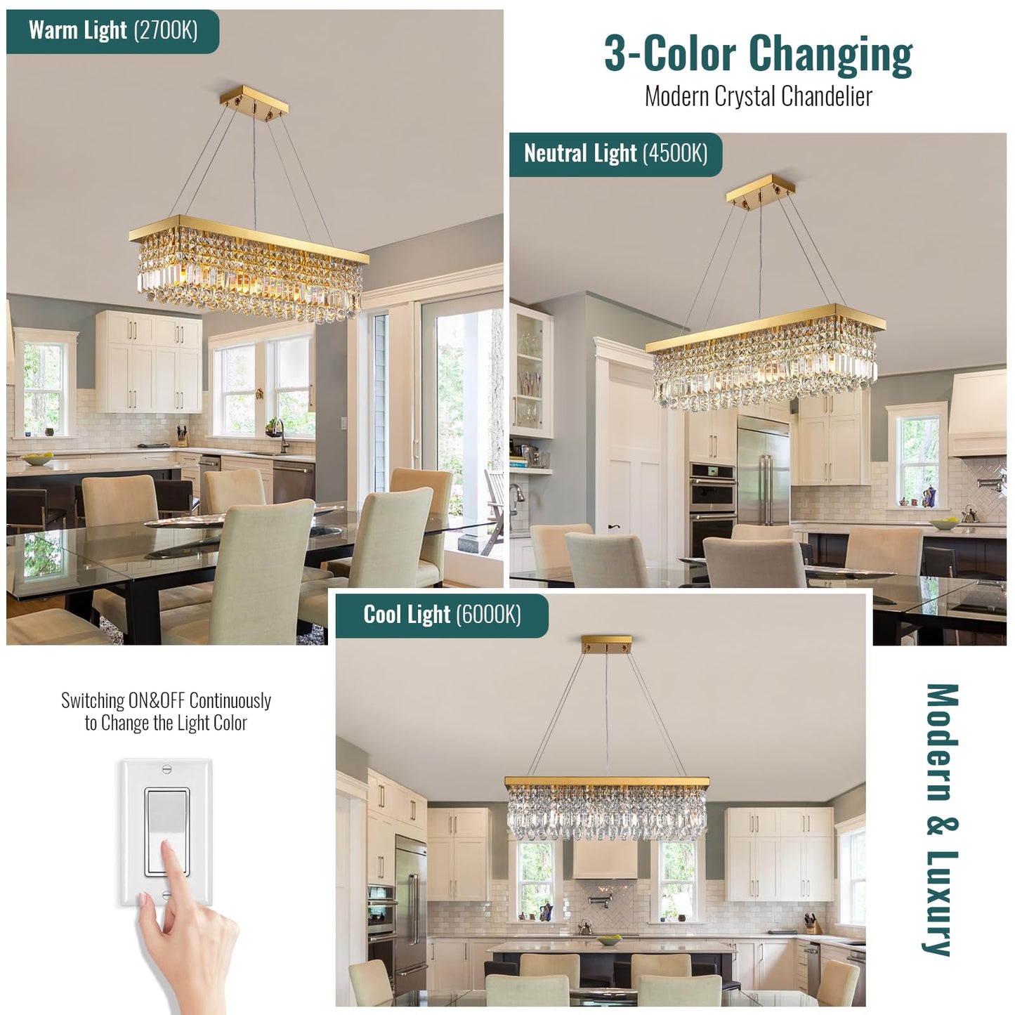 Modern 6-Lights Gold Rectangular Pendant Light for Dining Room Kitchen Island with No Bulbs