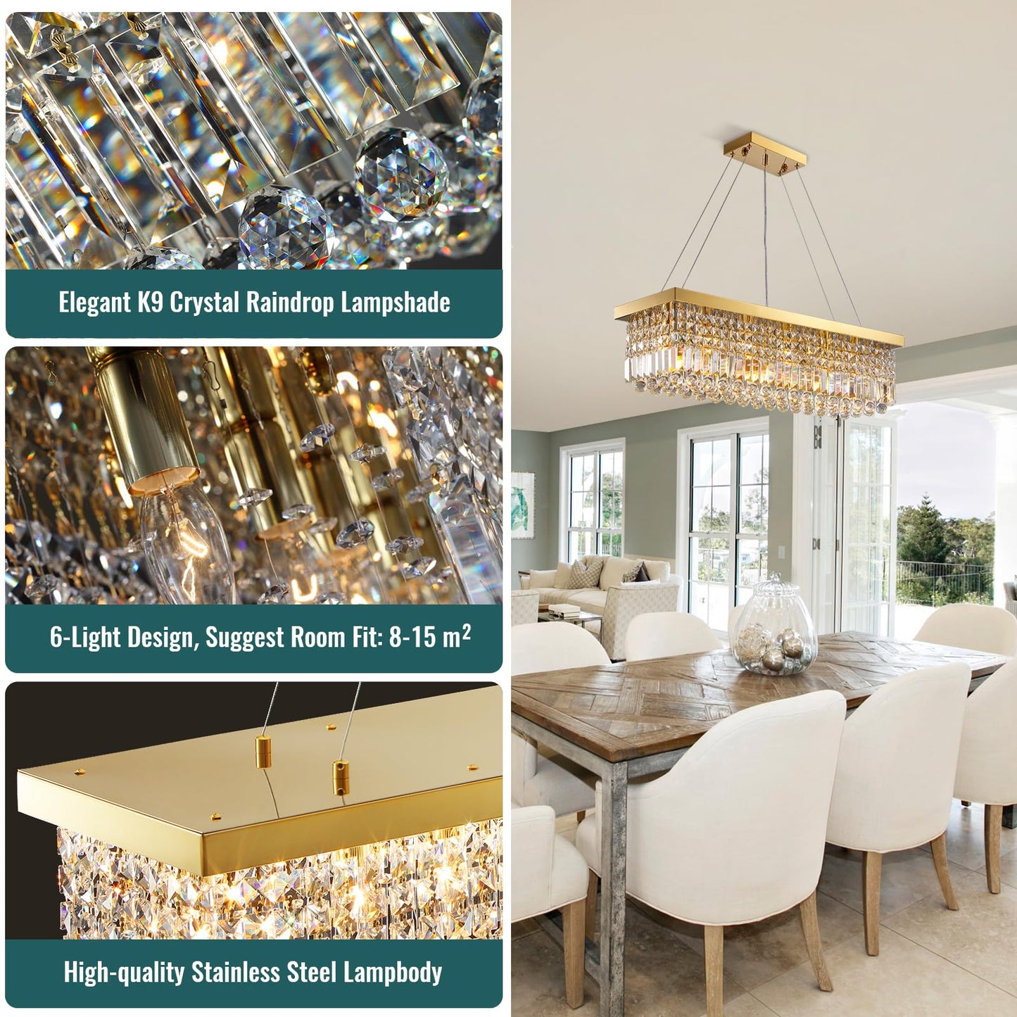 Modern 6-Lights Gold Rectangular Pendant Light for Dining Room Kitchen Island with No Bulbs