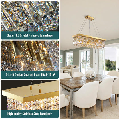 Modern 6-Lights Gold Rectangular Pendant Light for Dining Room Kitchen Island with No Bulbs