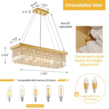 Modern 6-Lights Gold Rectangular Pendant Light for Dining Room Kitchen Island with No Bulbs