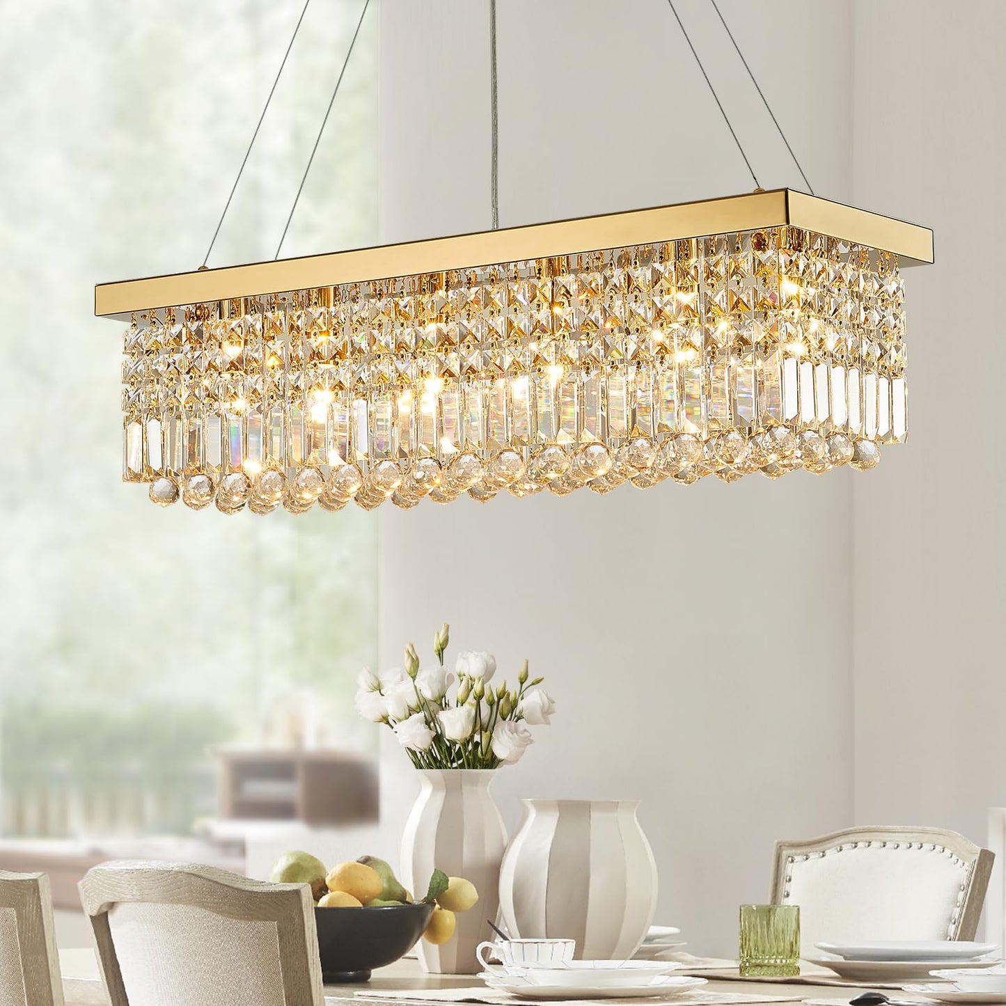 Modern 6-Lights Gold Rectangular Pendant Light for Dining Room Kitchen Island with No Bulbs