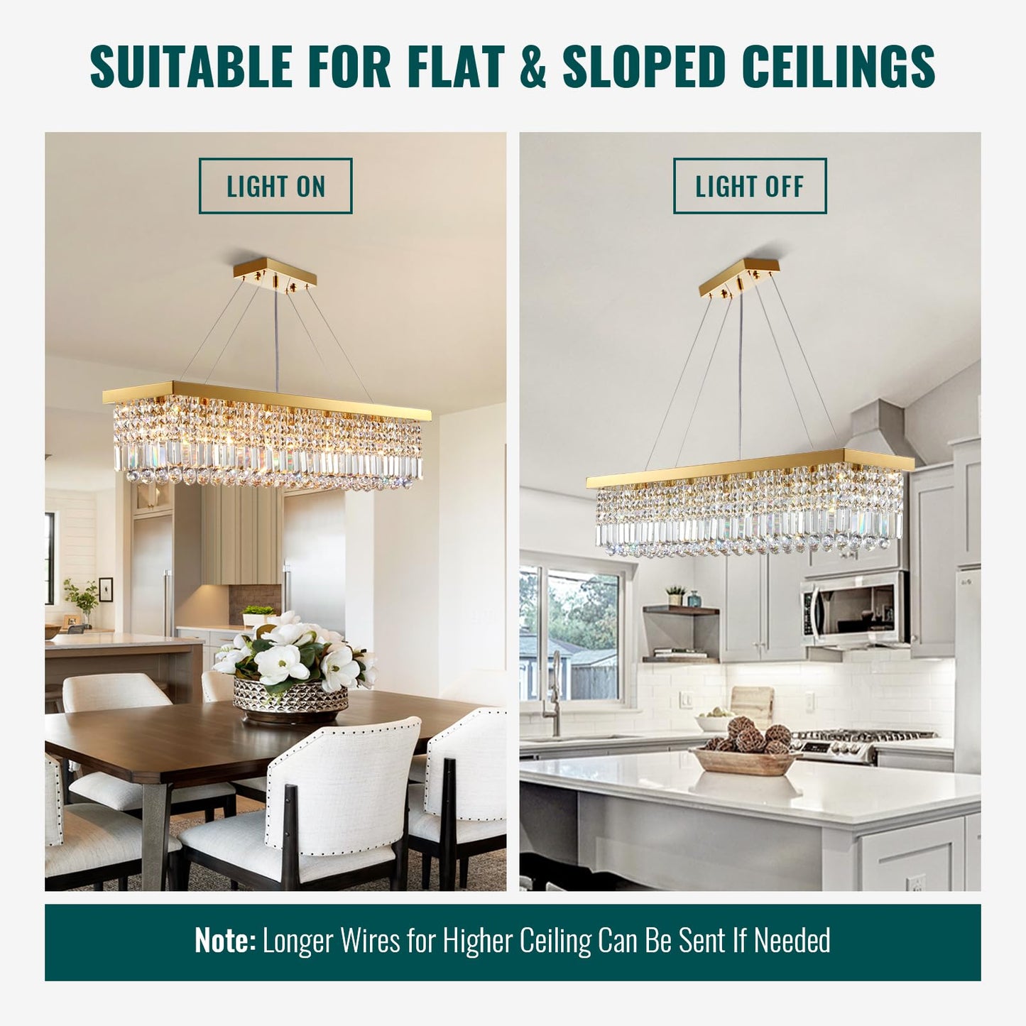 40 in. Modern 8-Light Gold Rectangular Raindrop Crystal Hanging Chandelier Pendant Light for Dining Room(No Bulbs)