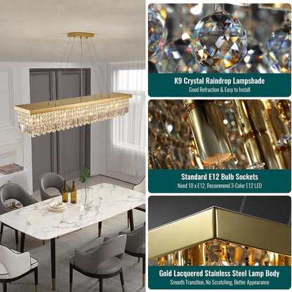 10-Light Gold Modern Raindrop Rectangle Chandelier for Dining Room with No Bulbs Included