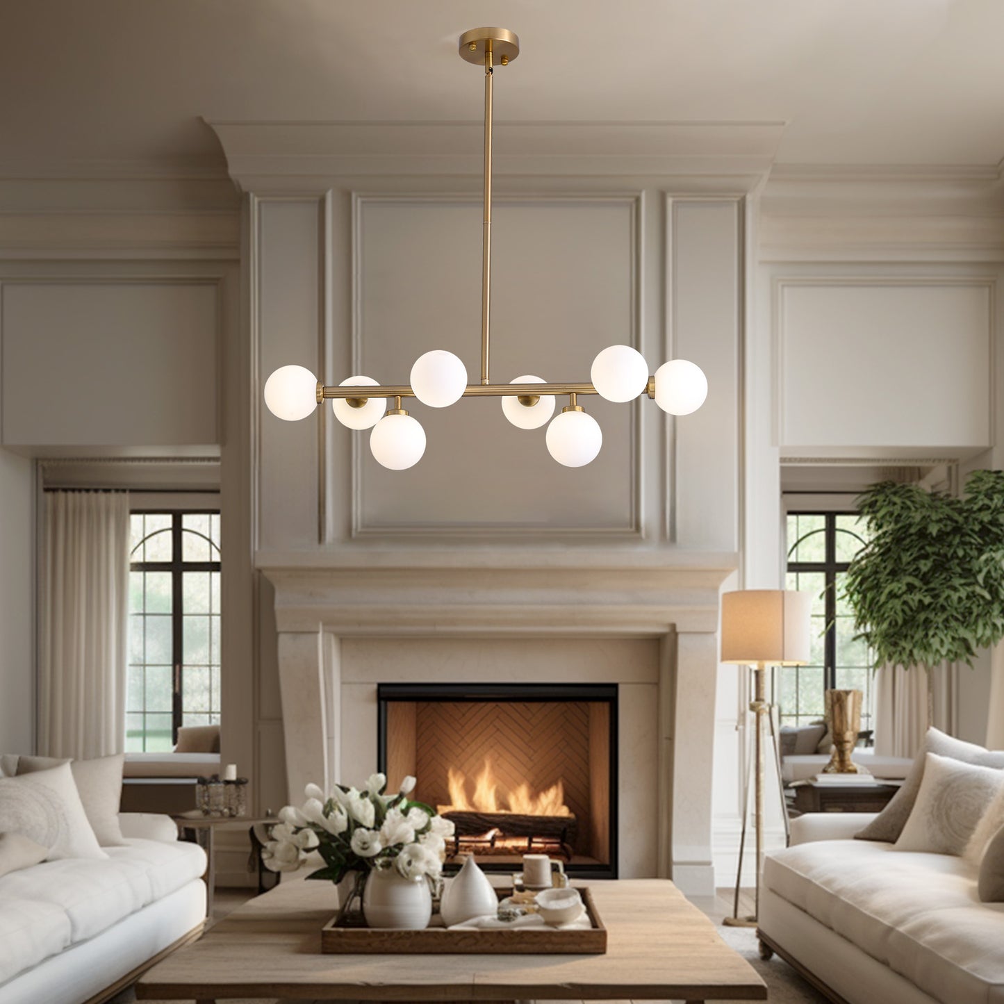 32 in. 8-Light Modern Dimmable Bubble Glass Sputnik Gold Glass Globe Chandelier for Dining Room and Living Room
