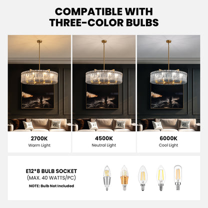 33.5 in. Gold Metal 8-Light Round Drum Chandelier for Living Room and Dining Room