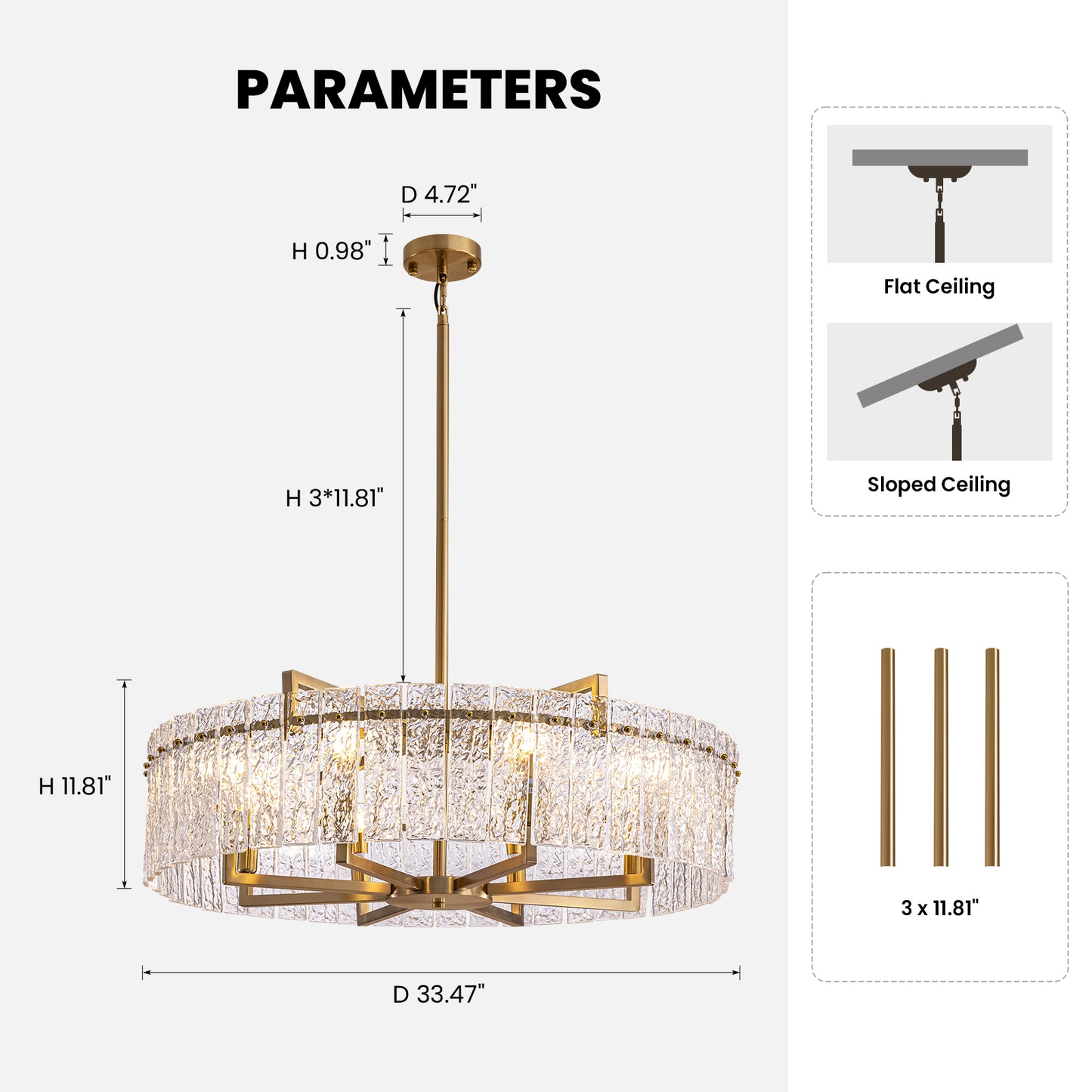 33.5 in. Gold Metal 8-Light Round Drum Chandelier for Living Room and Dining Room