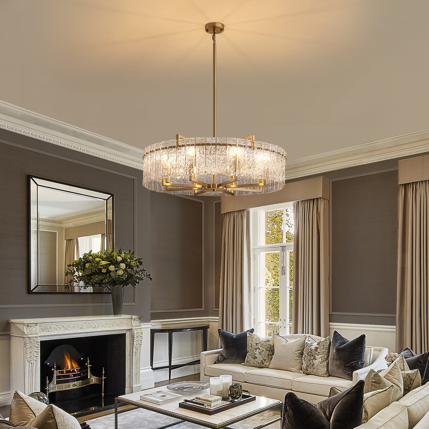 33.5 in. Gold Metal 8-Light Round Drum Chandelier for Living Room and Dining Room