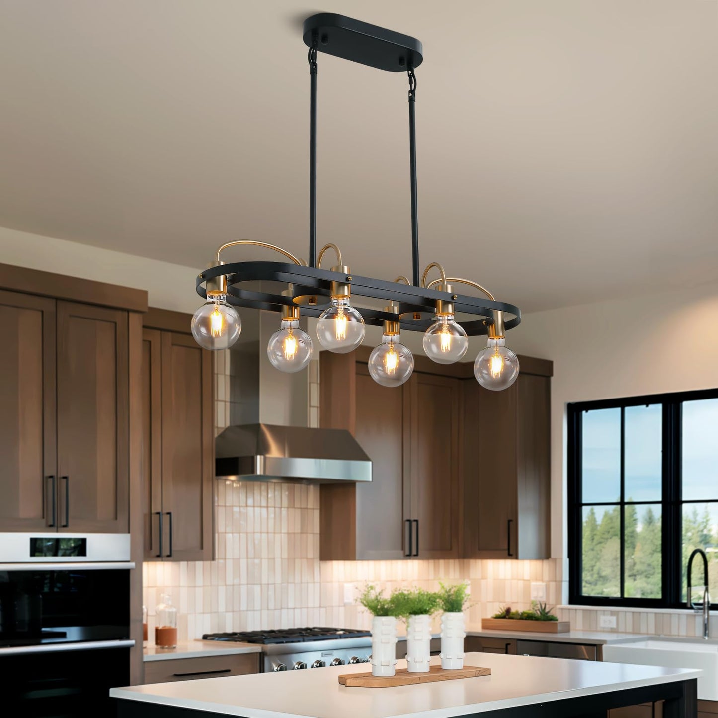 6 Lights Rectangular Chandelier, Black and Gold Linear Chandelier