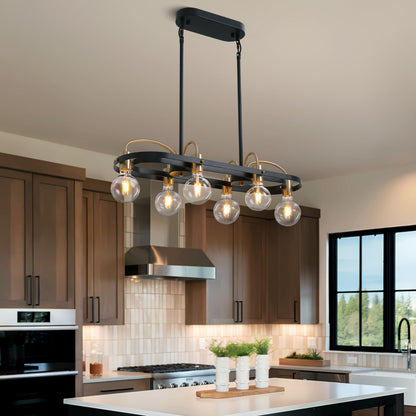 6 Lights Rectangular Chandelier, Black and Gold Linear Chandelier
