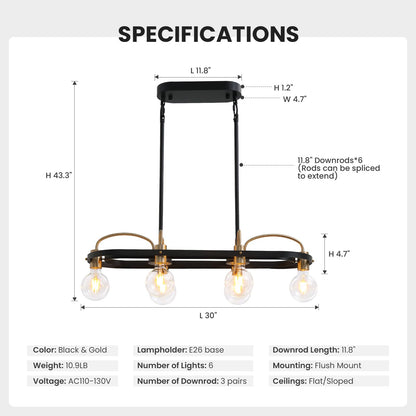 6 Lights Rectangular Chandelier, Black and Gold Linear Chandelier