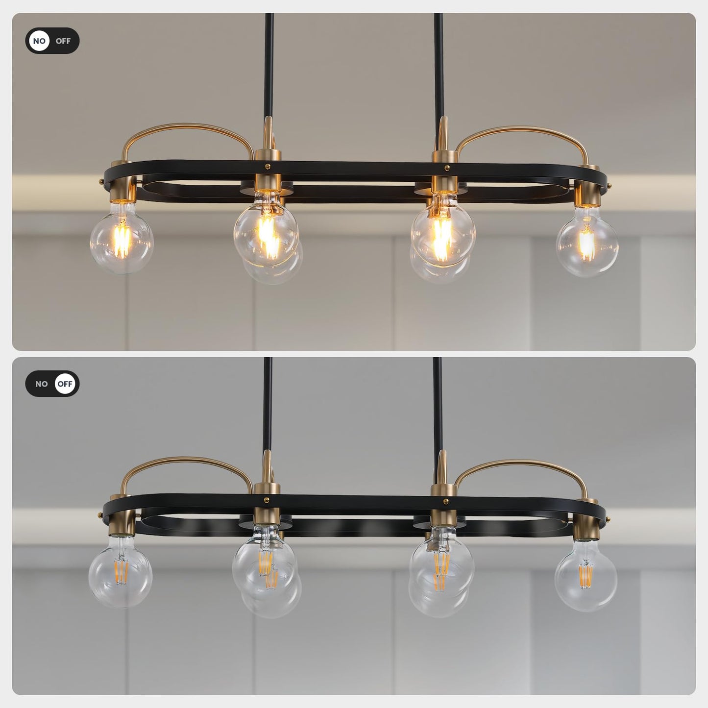 6 Lights Rectangular Chandelier, Black and Gold Linear Chandelier
