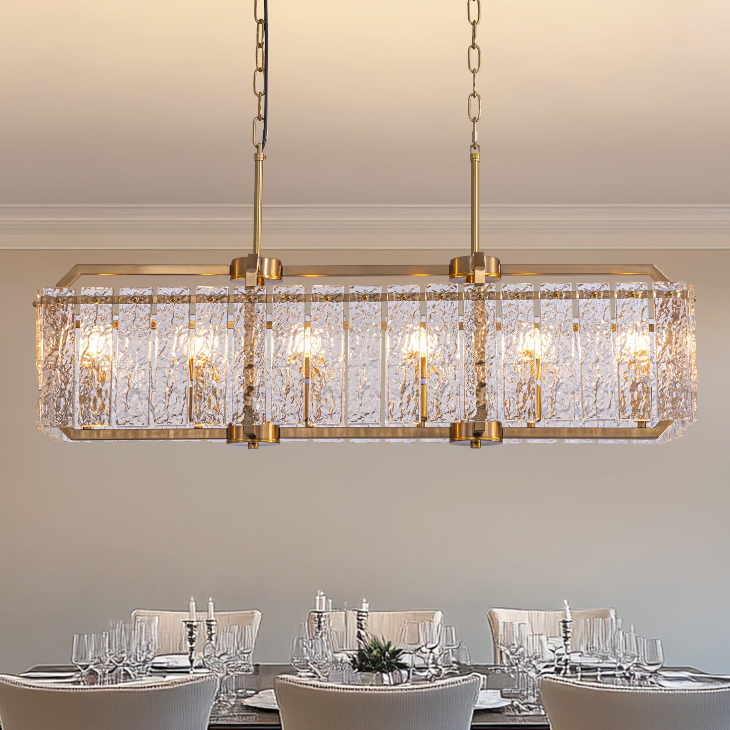 39in 6 Light Gold Rippled Glass Chandelier Light and Dimming(Bulbs Not Included)