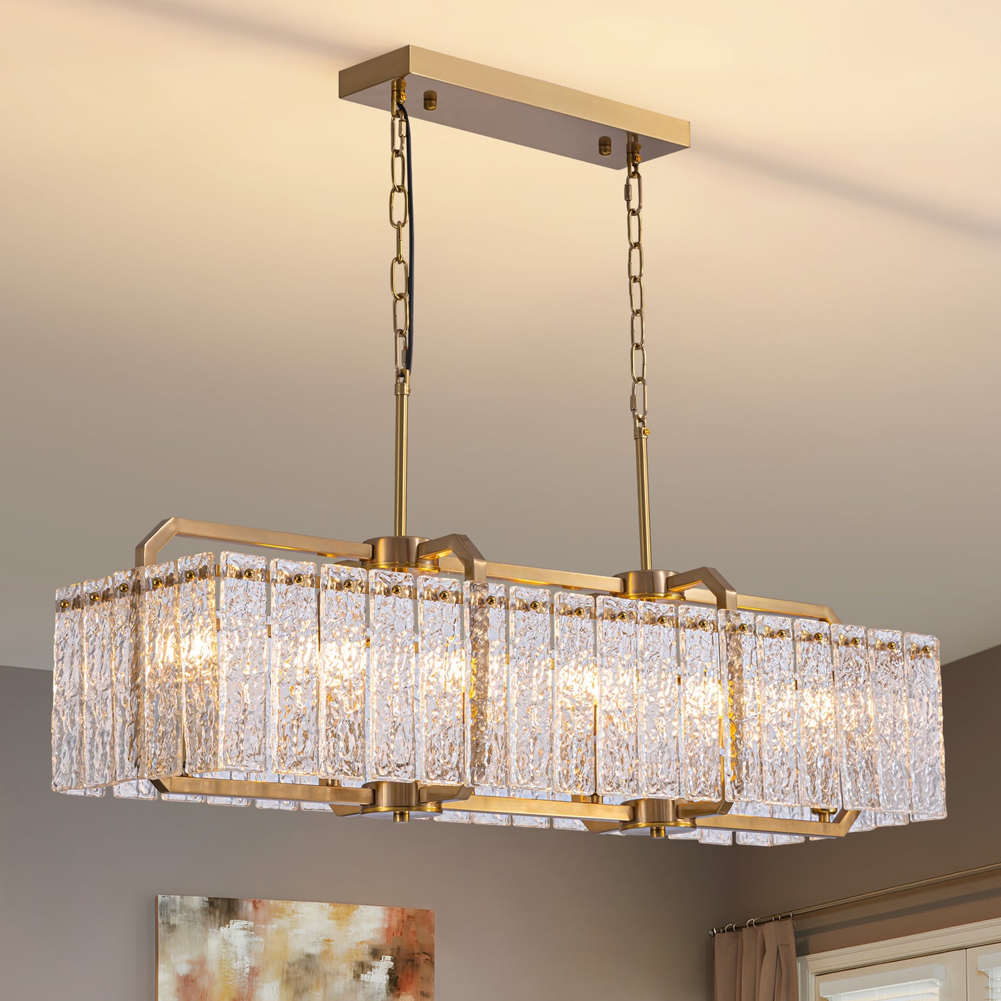 39in 6 Light Gold Rippled Glass Chandelier Light and Dimming(Bulbs Not Included)