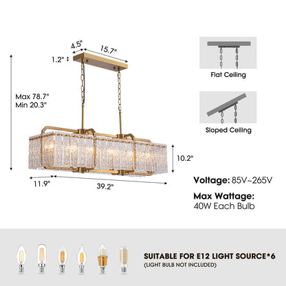 39in 6 Light Gold Rippled Glass Chandelier Light and Dimming(Bulbs Not Included)