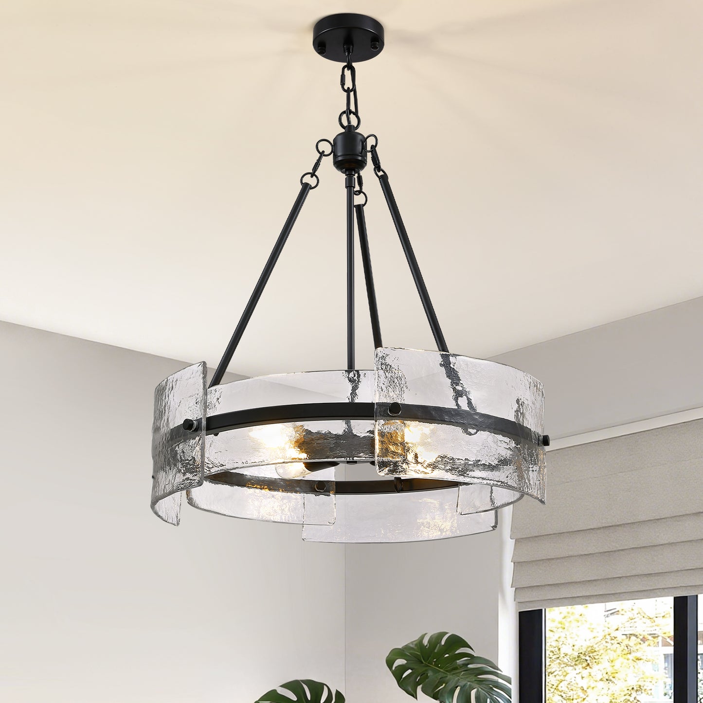 4-Light Black Dimmable Round Chandelier, Hand-Hammered Glass Pendant Light
